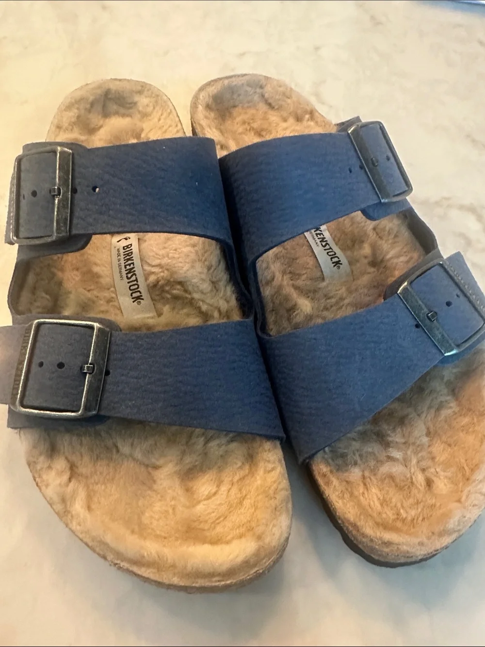 Birkenstock Blue Suede Double-Buckle Shearling Slides only worn indoors
